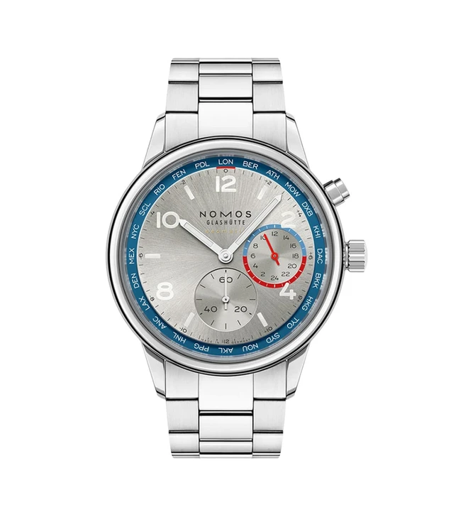Nomos Club Sport neomatik Worldtimer silver front