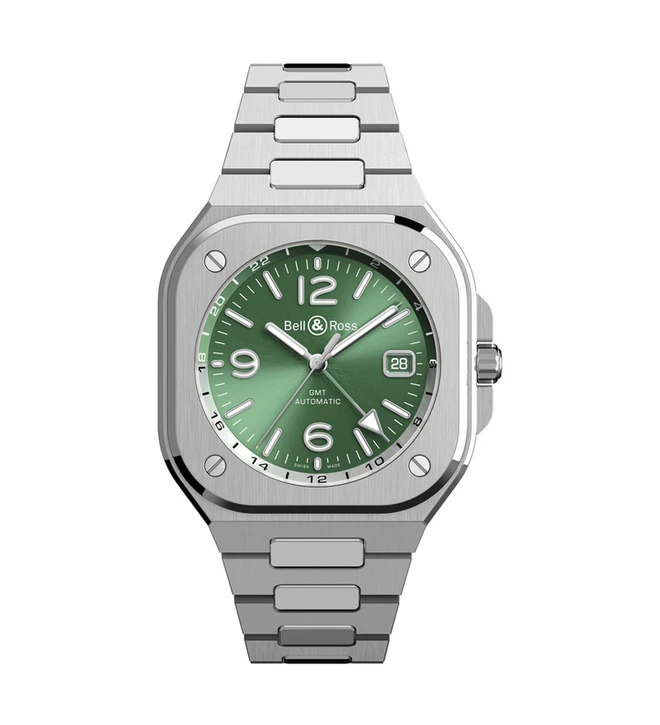 bellross br 05 gmt green steel bracelet front