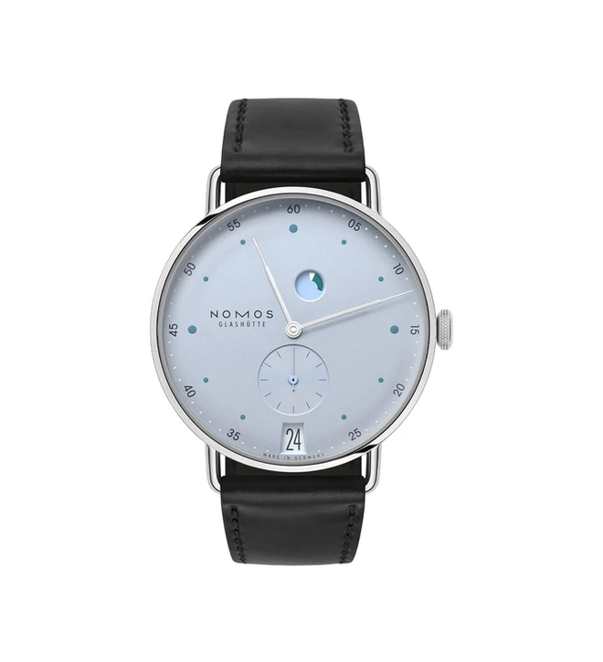 nomos metro date power reserve ice blue front