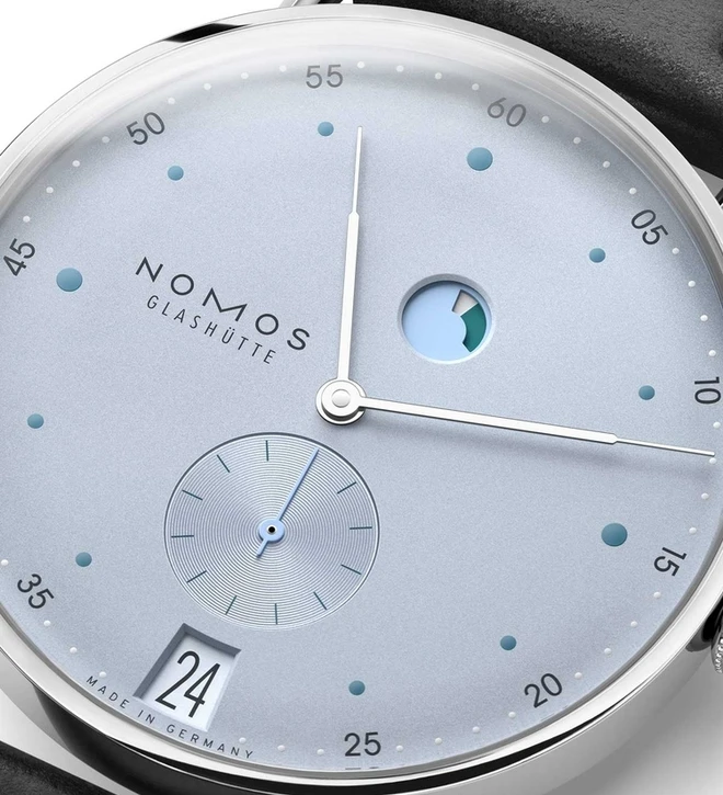 nomos metro date power reserve ice blue dial