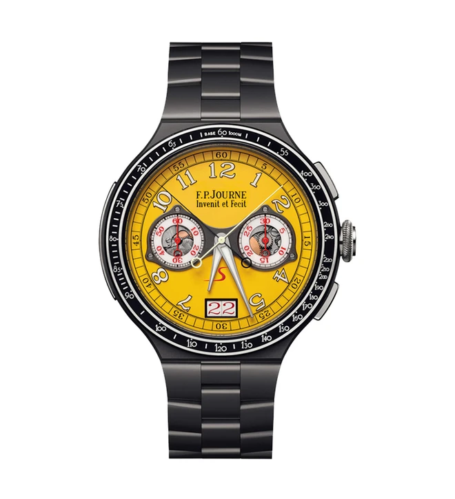 Chronographe_Rattrapante_titanium_fpjourne_yellow_dial_front