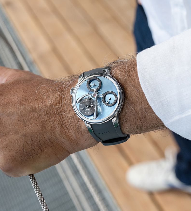 MBandF LM split escapement blue wristshot