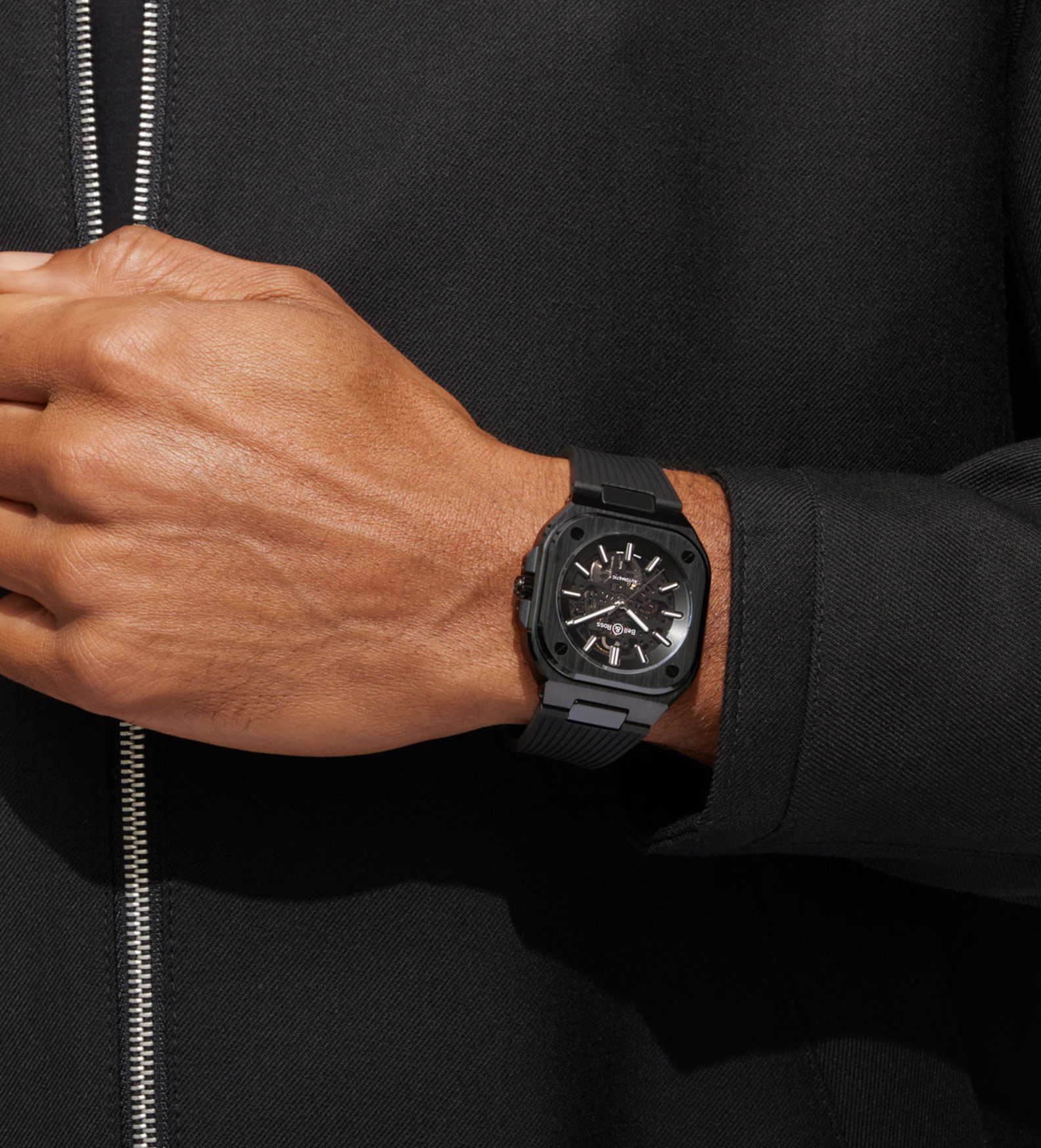 bell ross skeleton black ceramic rubber wristshot