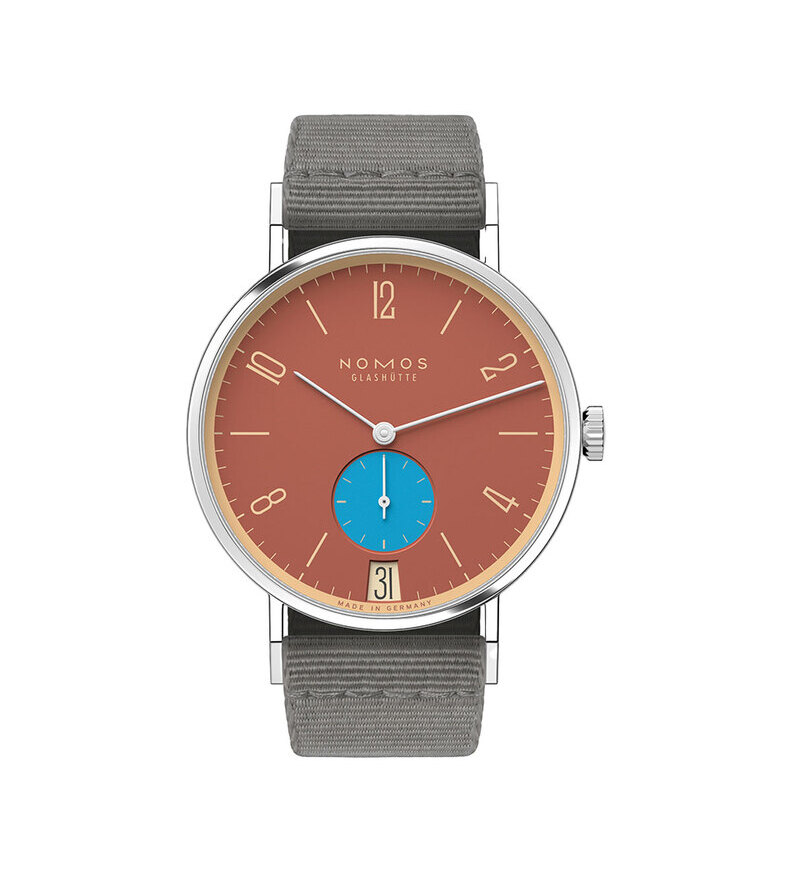 nomos tangente ziegelblau front