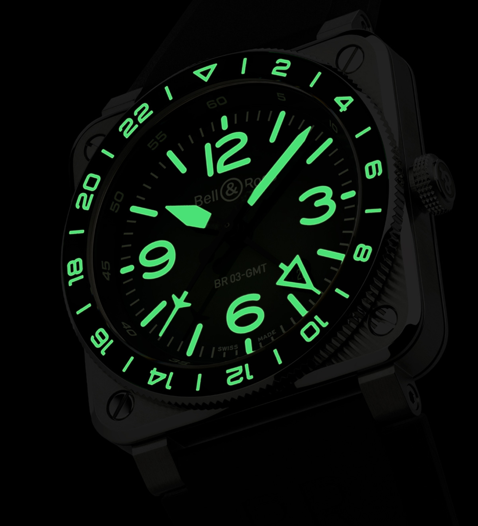 bellross br03 gmt green lum dial