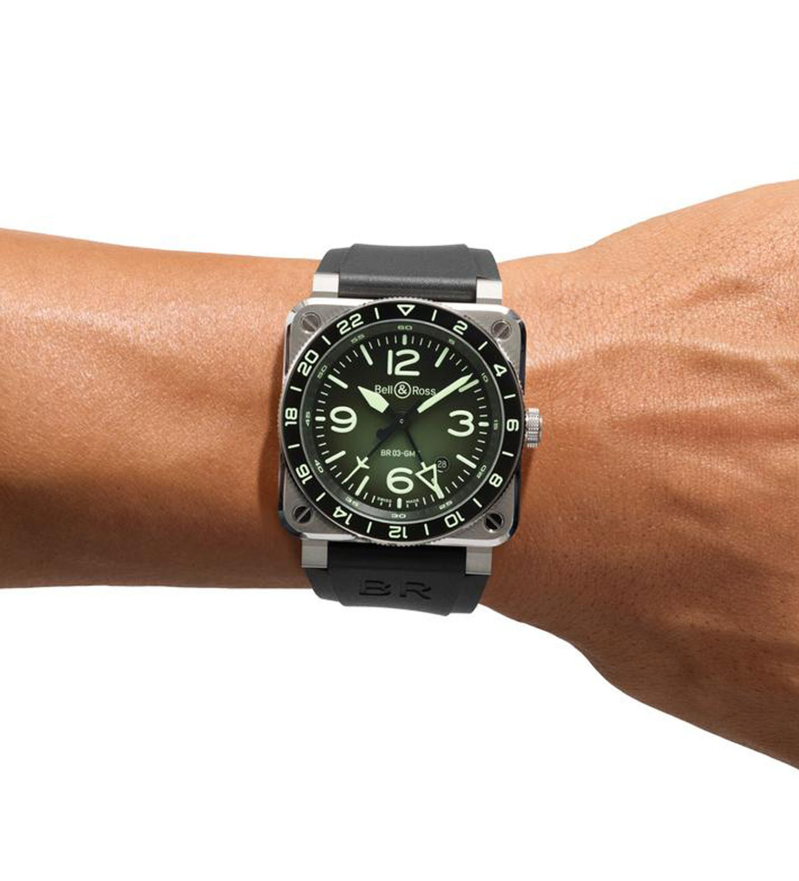 bellross br03 gmt green lum wristshot