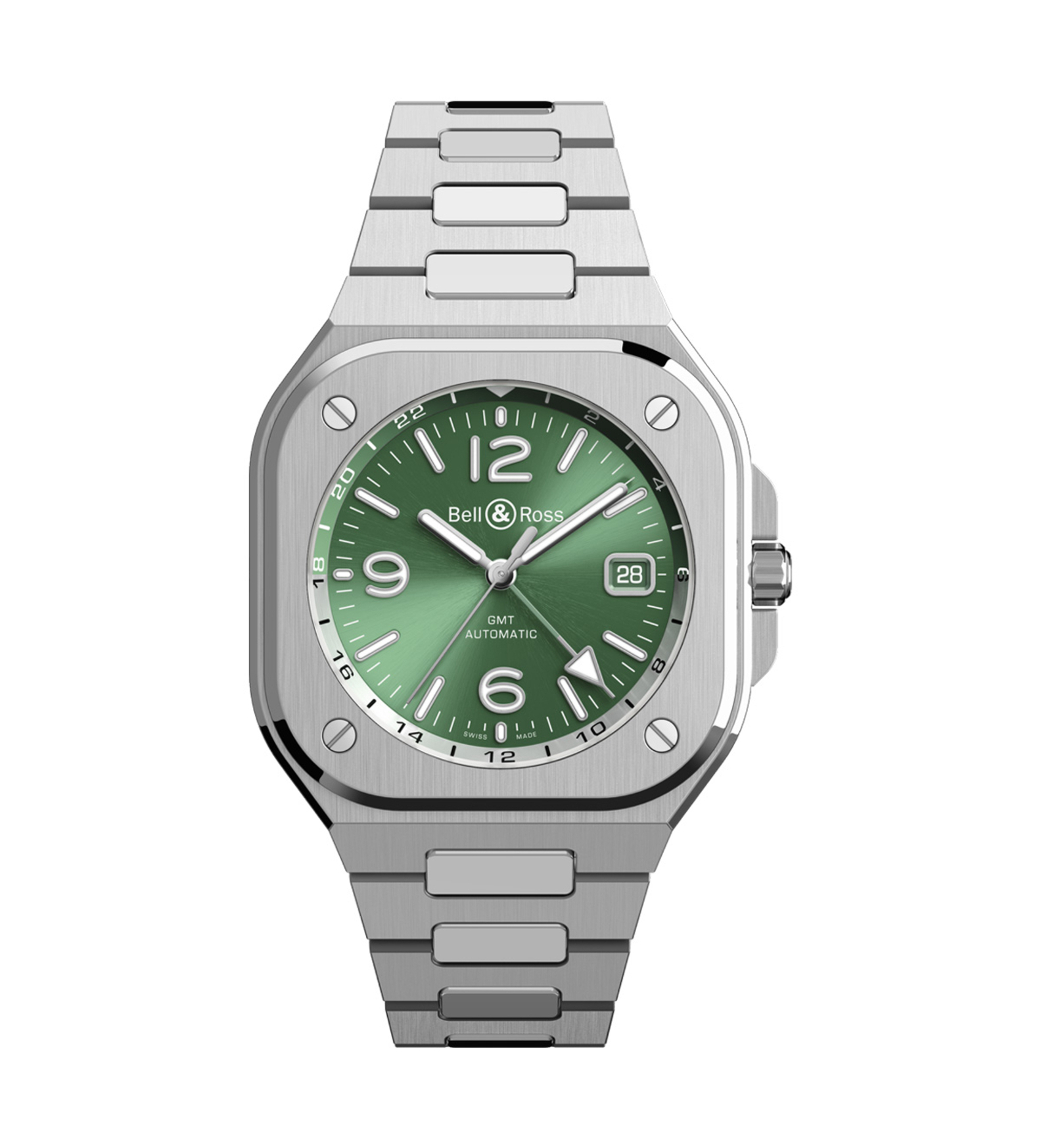 bellross br 05 gmt green steel bracelet front