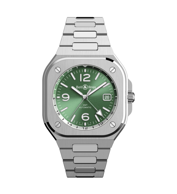 bellross br 05 gmt green steel bracelet front