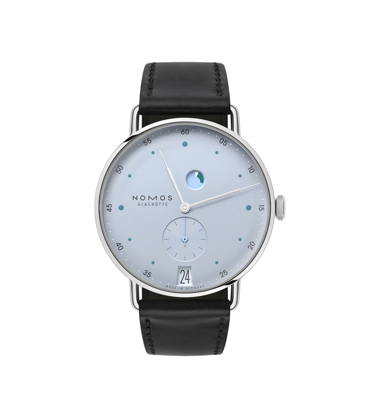 nomos metro date power reserve ice blue front