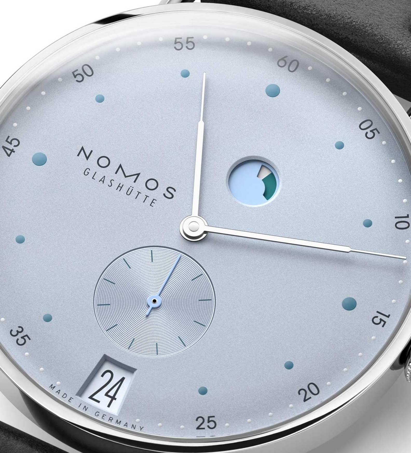 nomos metro date power reserve ice blue dial